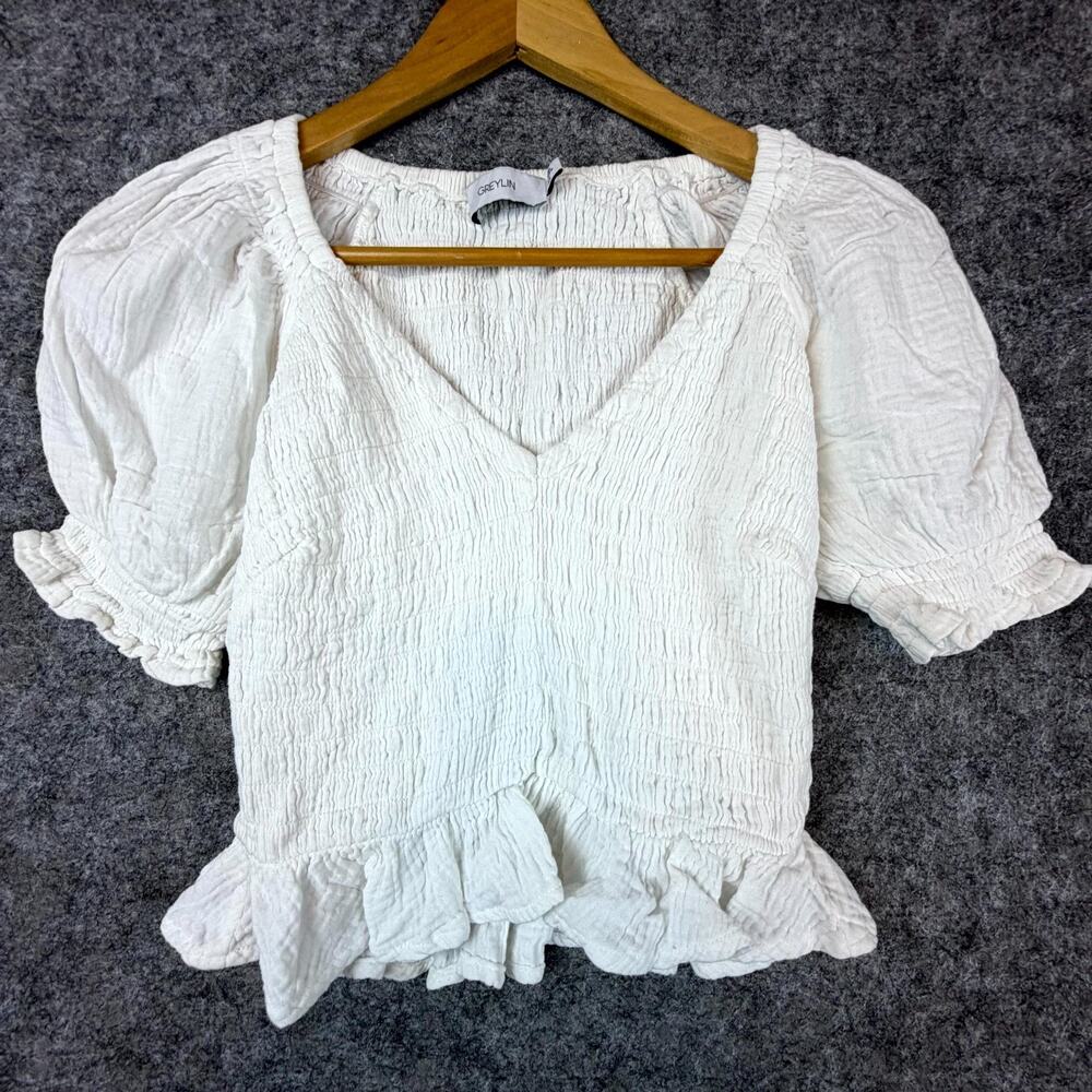 Greylin Textured Top Women XS White Peplum Ruffle Prairie‎ Cottage Soft Girl